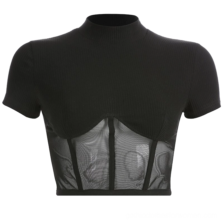 Black mesh crop top form-fitting silhouette on dress form, gothic style front view