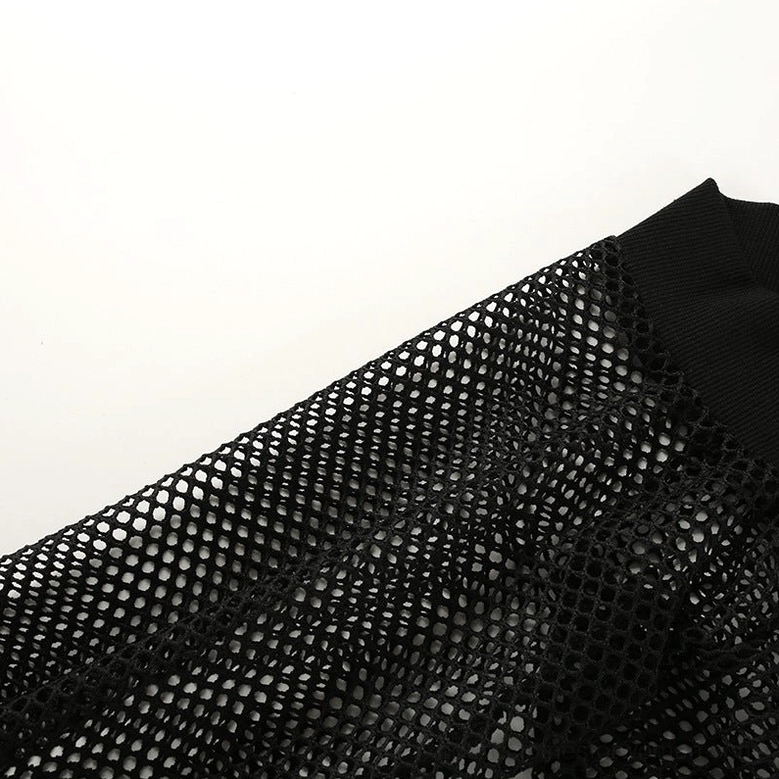Black mesh crop top with long sleeves showing overall garment construction and proportions