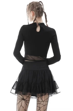 Black mesh crop top with keyhole back neckline and ruffled tulle skirt, back full-body view on model