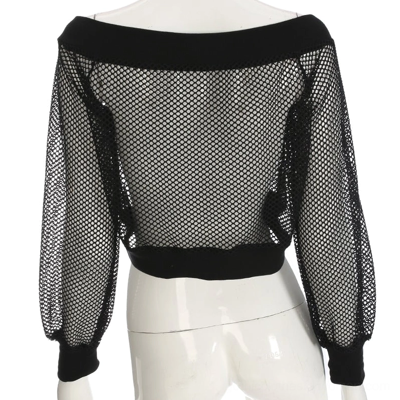 Black mesh crop top mannequin back view showing sheer fishnet back panel construction