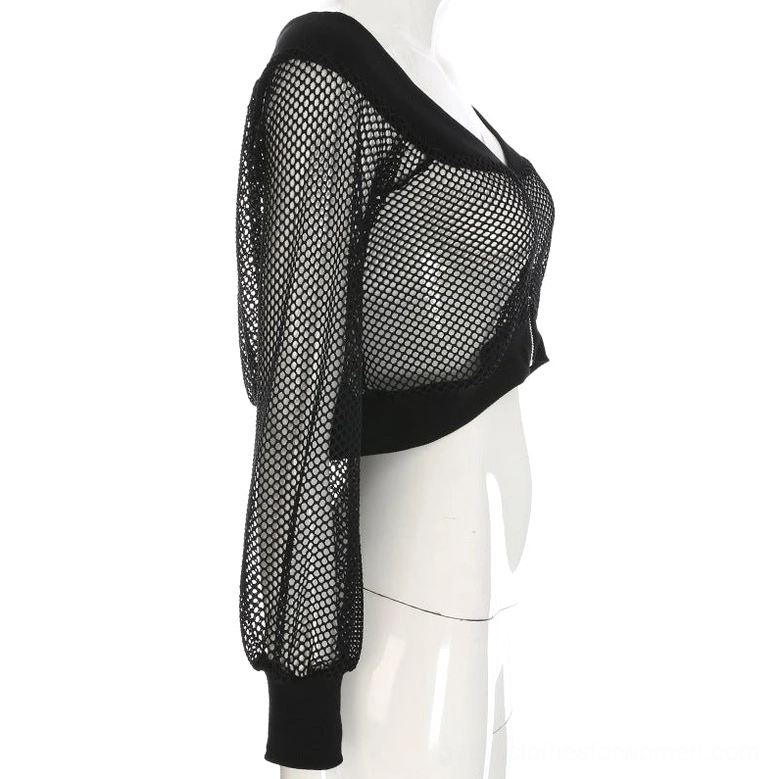 Black mesh off-shoulder crop top displayed on mannequin side view showing fitted silhouette