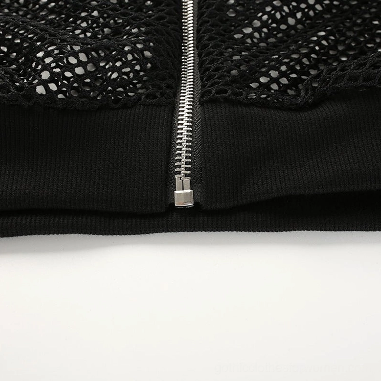 Black fishnet mesh crop top front detail highlighting off-shoulder design and ribbed neckline