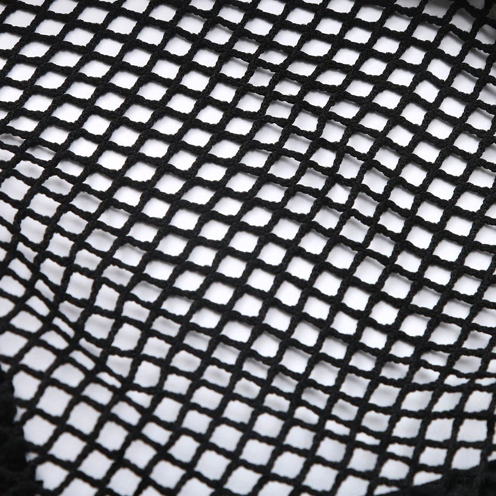 Black mesh crop top sheer fishnet design detail with off-shoulder and long sleeve construction
