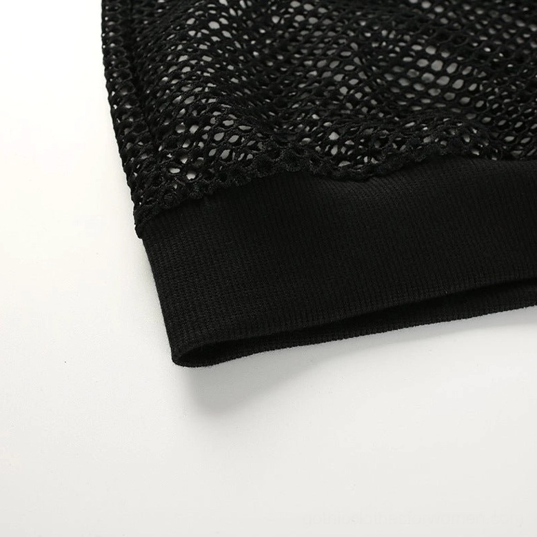 Black gothic mesh crop top styling detail showing off-shoulder cut and mesh sleeve construction
