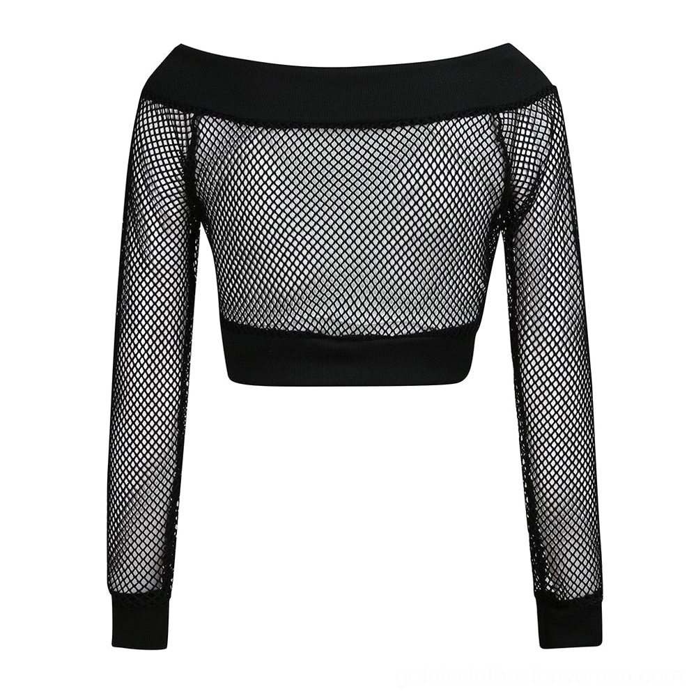 Black mesh crop top side view displaying fishnet fabric construction and ribbed sleeve cuffs
