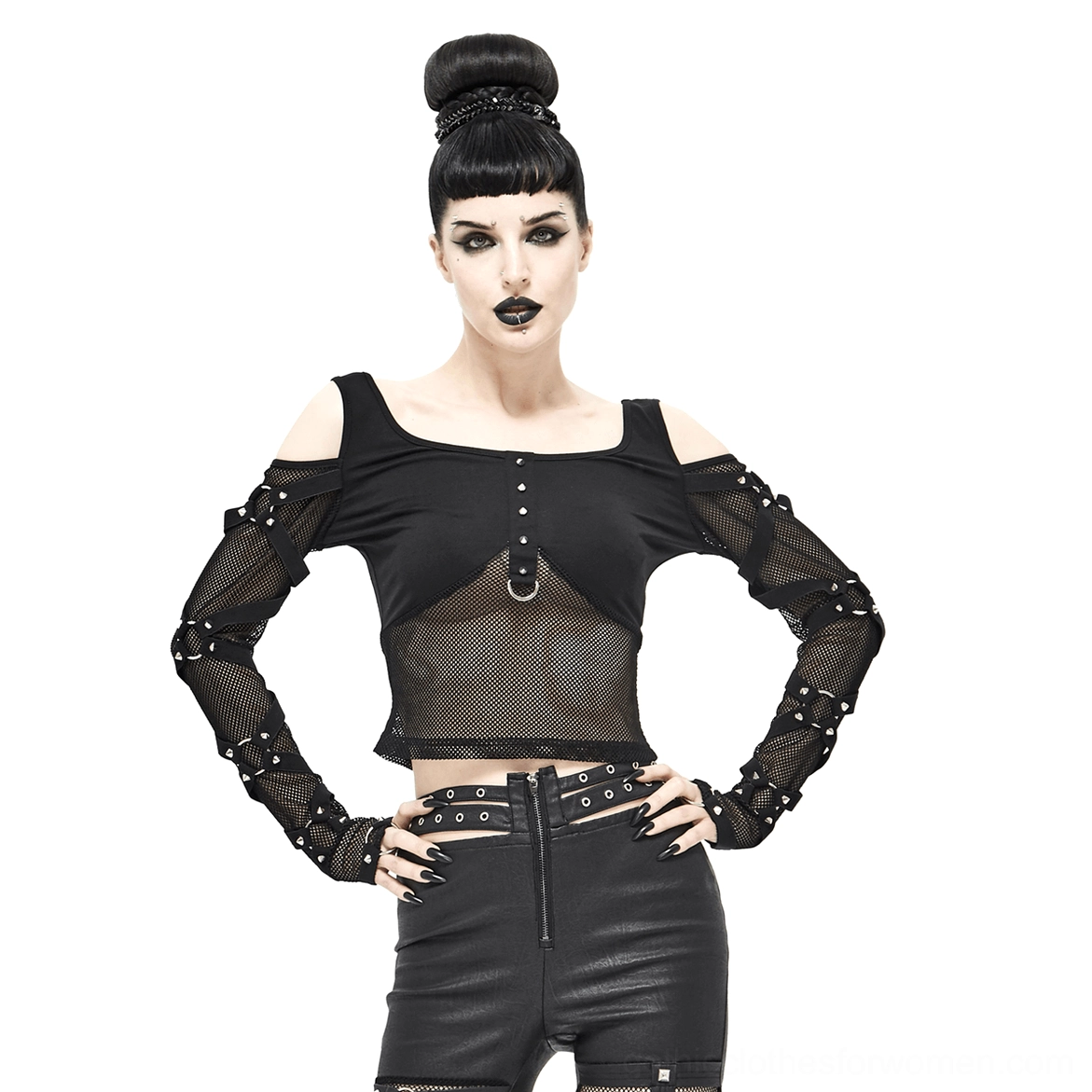 Black mesh gothic crop top with studded sleeves worn by female model, front full-body view showcasing D-ring hardware and fishnet mesh details