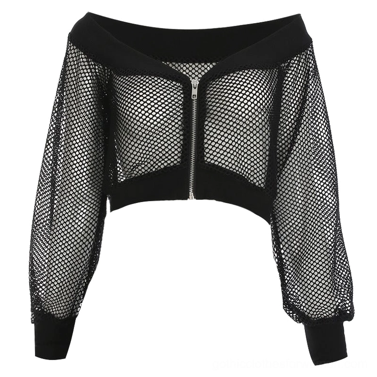 Black mesh crop top three-quarter flat lay view displaying open off-shoulder neckline and full long mesh sleeves