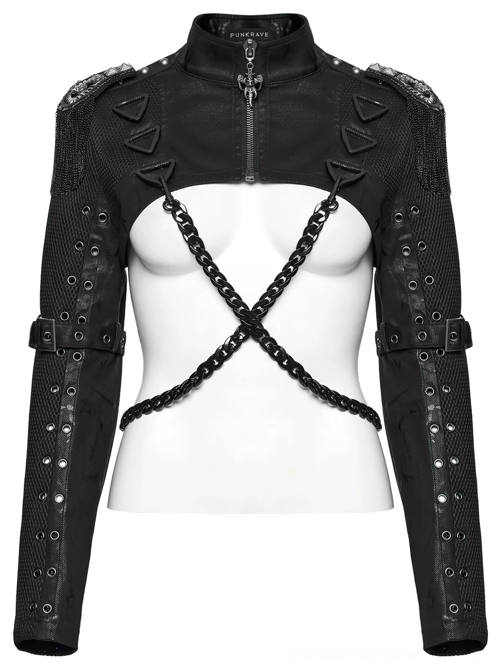 Black mesh cropped jacket with metal chain harness and tassel shoulder epaulets front full view on mannequin