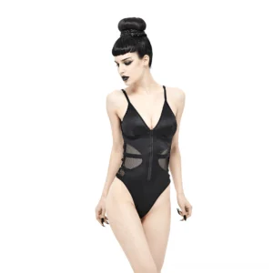 Black mesh cutout gothic zipper one-piece swimsuit worn by model, front three-quarter view showing deep V-neckline and side mesh inserts