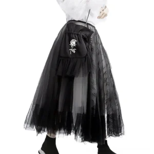 Black asymmetrical layered mesh empire waist midi skirt back view, five-layer construction gothic fashion