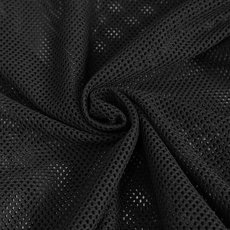 Black sheer mesh fabric detail - close-up of stretchable knit weave showing soft drape and transparent polyamide construction