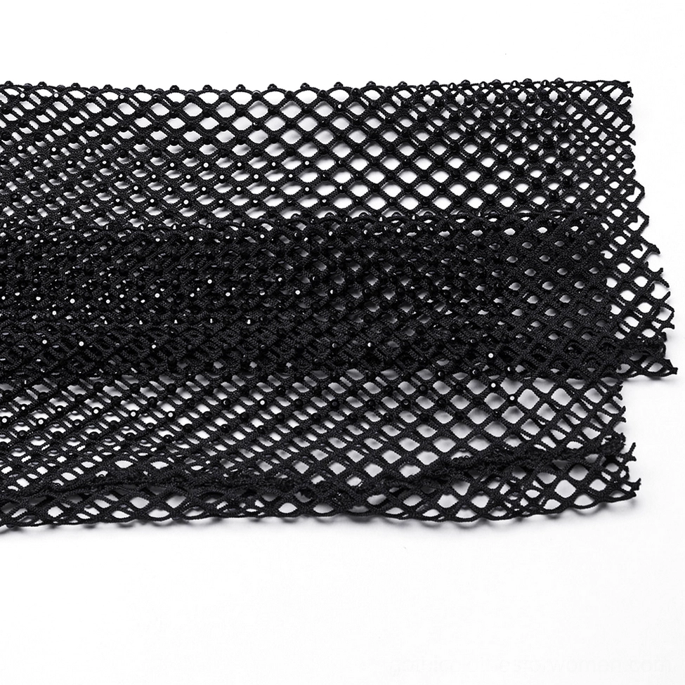 Black diamond mesh fabric close-up, highlighting hot-fix rhinestone embellishment, sparkle, and woven texture detail