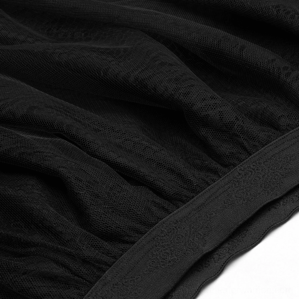 Close-up texture detail of black sheer mesh fabric showing fine honeycomb weave and matte finish