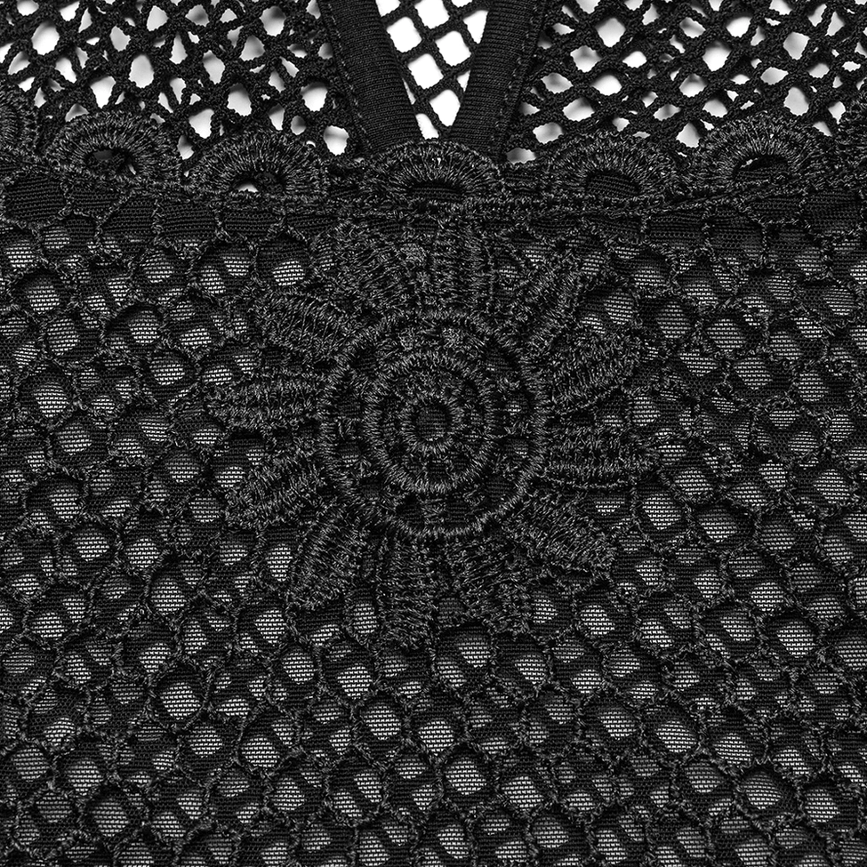 Black mesh camisole fabric texture detail showing intricate sunflower lace embroidery and open-weave fishnet construction