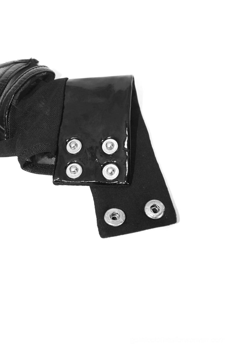 Close-up detail of metal snap button fastener on inner wrist of black mesh fingerless glove