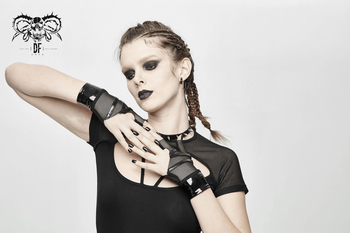 Black mesh fingerless gloves worn on mannequin hand showing fit and structure of wrist opening