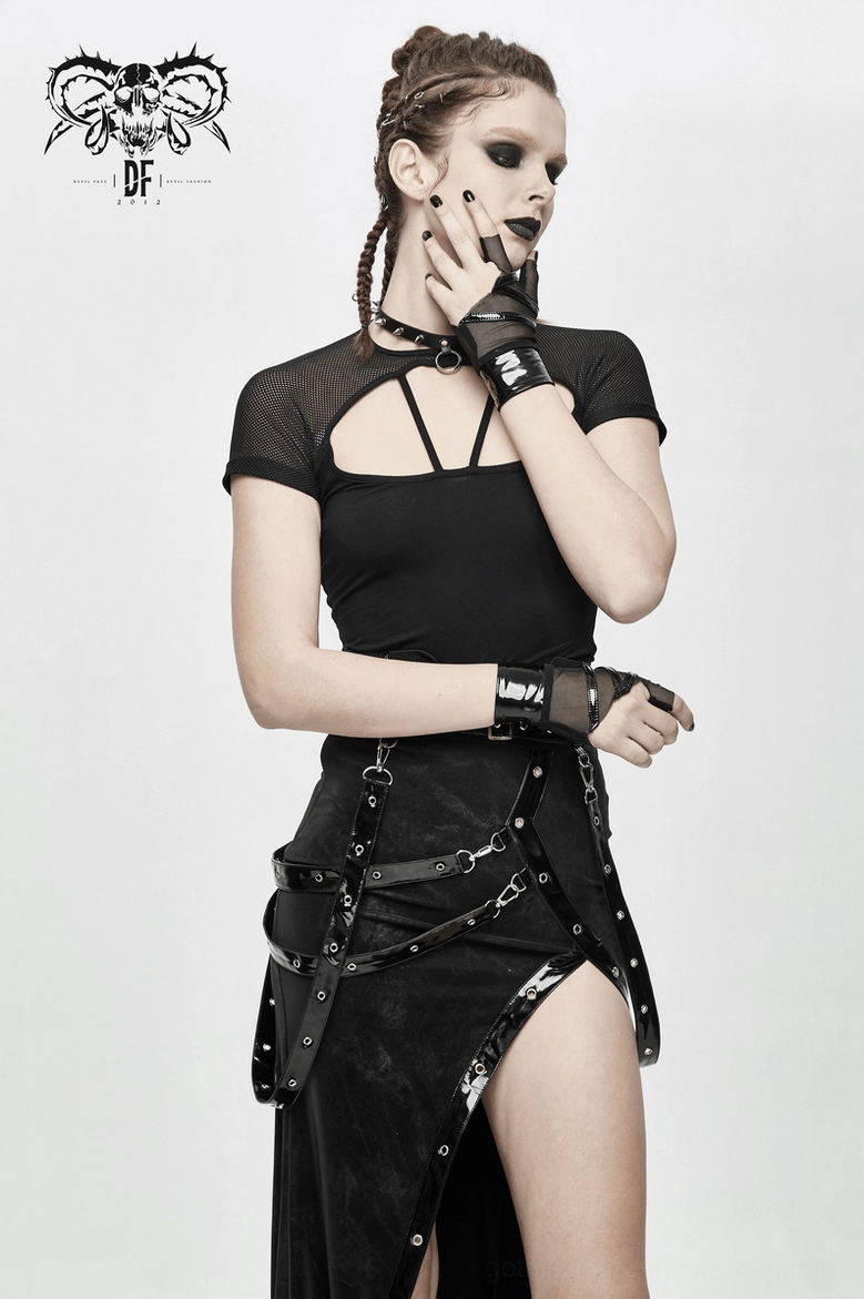 Black mesh fingerless gloves front facing view showcasing patent leather accents and mesh composition