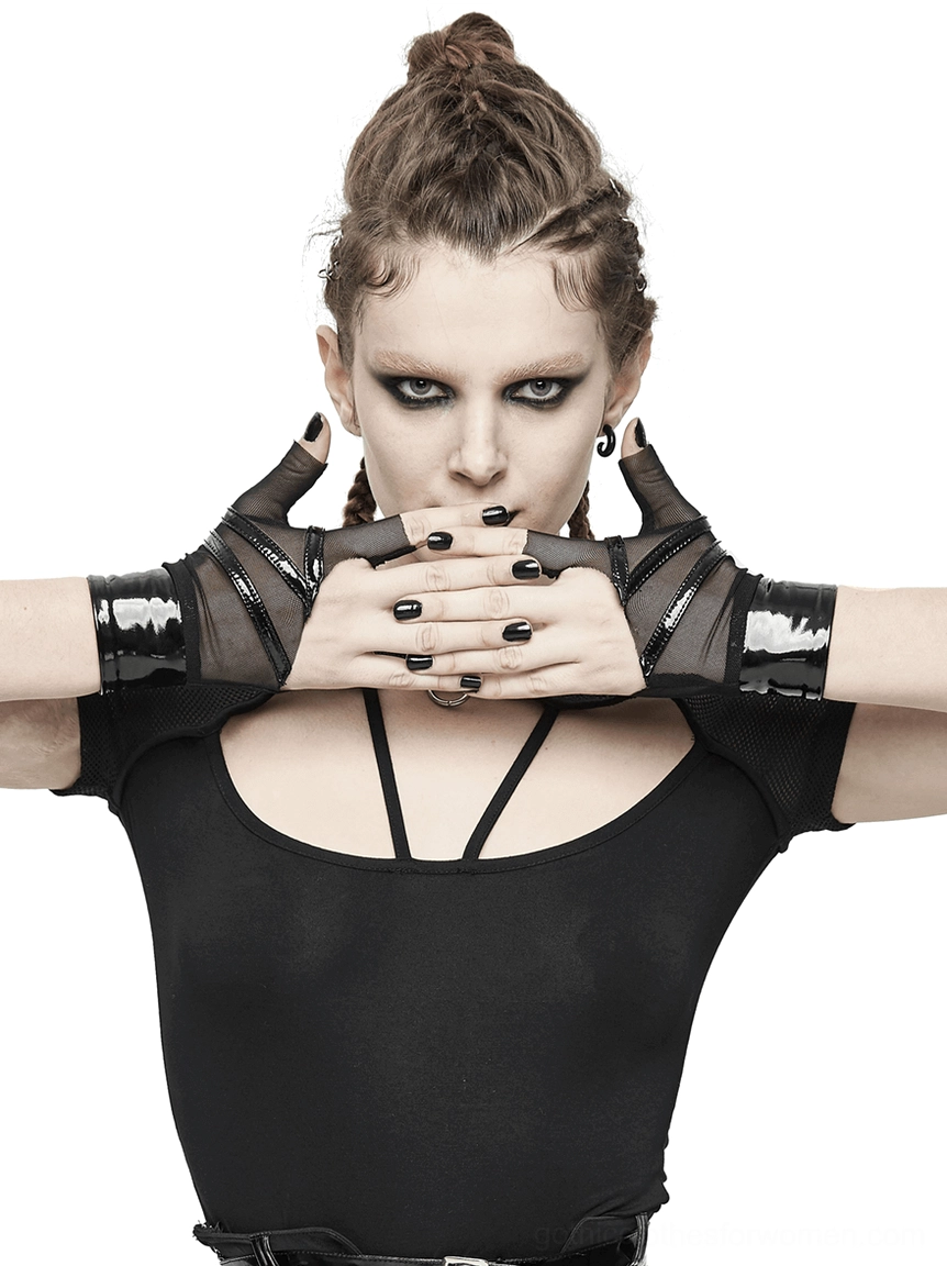 Black mesh fingerless gloves worn by female model with gothic makeup and black cutout bodysuit on white studio background