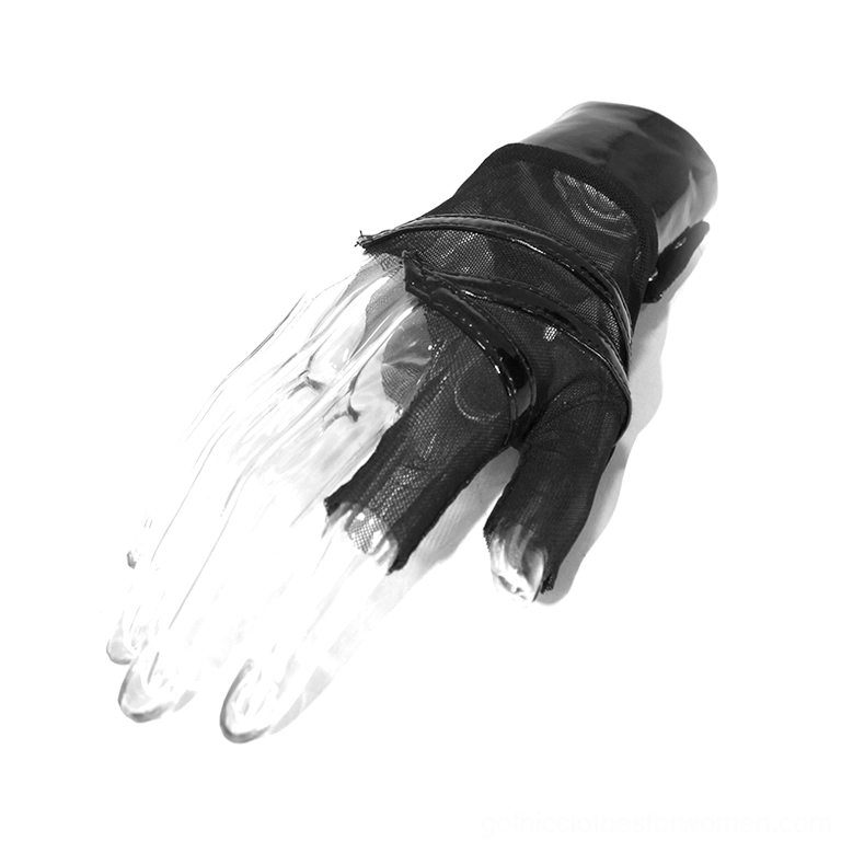 Single black mesh fingerless glove side profile showing sheer mesh fabric and patent leather wrist strap detail