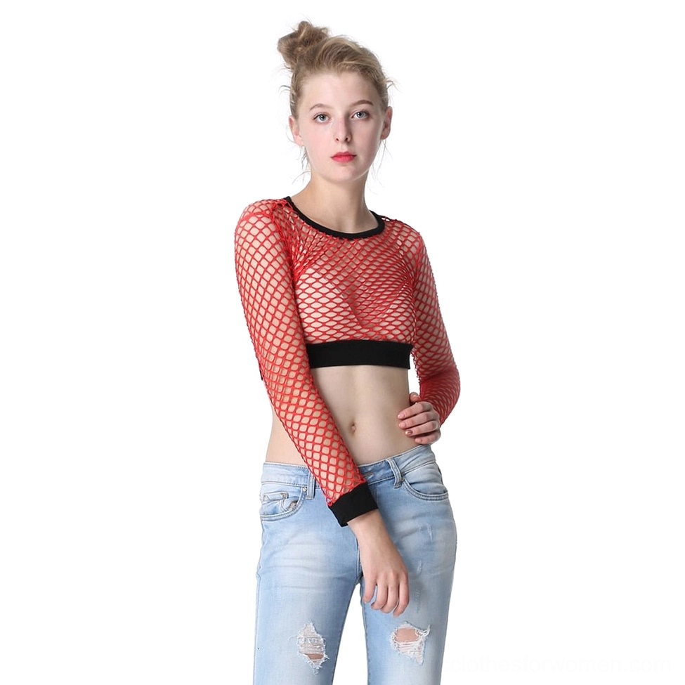 Black mesh fishnet crop top back view on model wearing light blue jeans, see-through design detail
