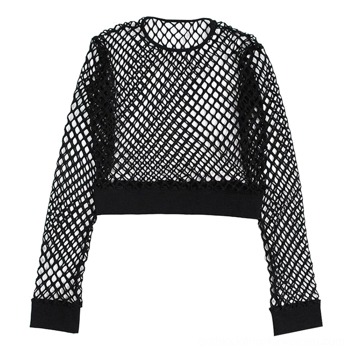 Black mesh fishnet crop top flat lay product shot, detailed view of hollow mesh fabric and solid cuffs