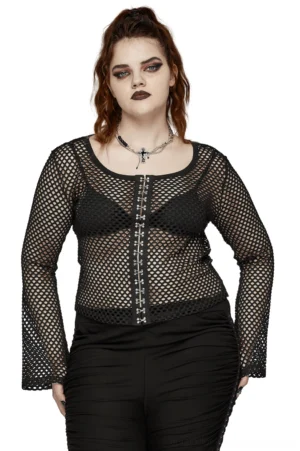 Black mesh fishnet long sleeve crop top worn by plus-size model, front view studio shot showing scoop neckline and hook fasteners