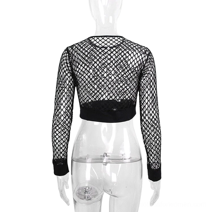Black mesh fishnet crop top with full-length sleeves, underground goth club aesthetic