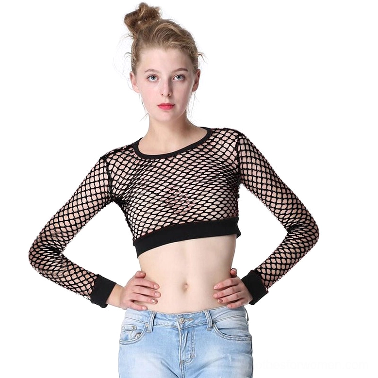 Black mesh fishnet crop top full view styled with light blue jeans, gothic alternative fashion look