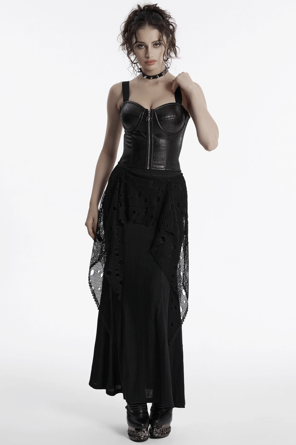 Back detail of black mesh fishtail gothic maxi skirt highlighting layered mesh construction and silhouette