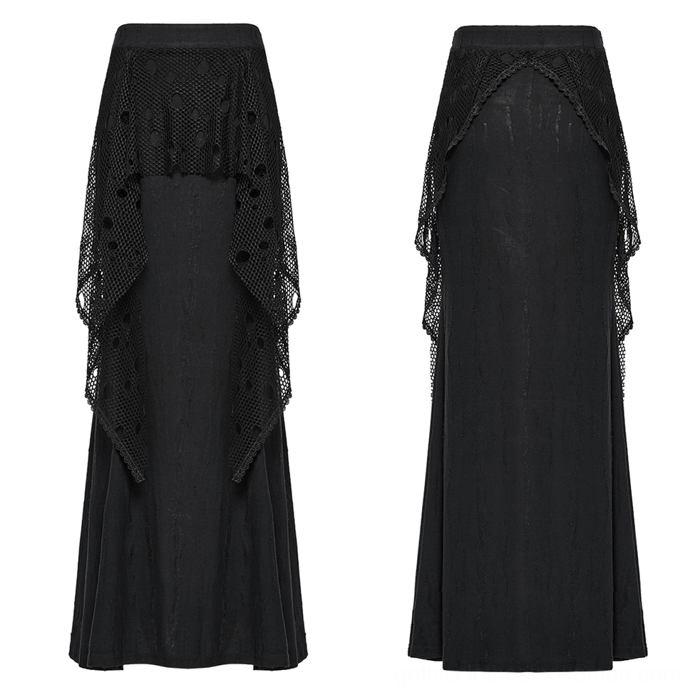 Flat lay display of black mesh fishtail gothic maxi skirt showing front and side construction
