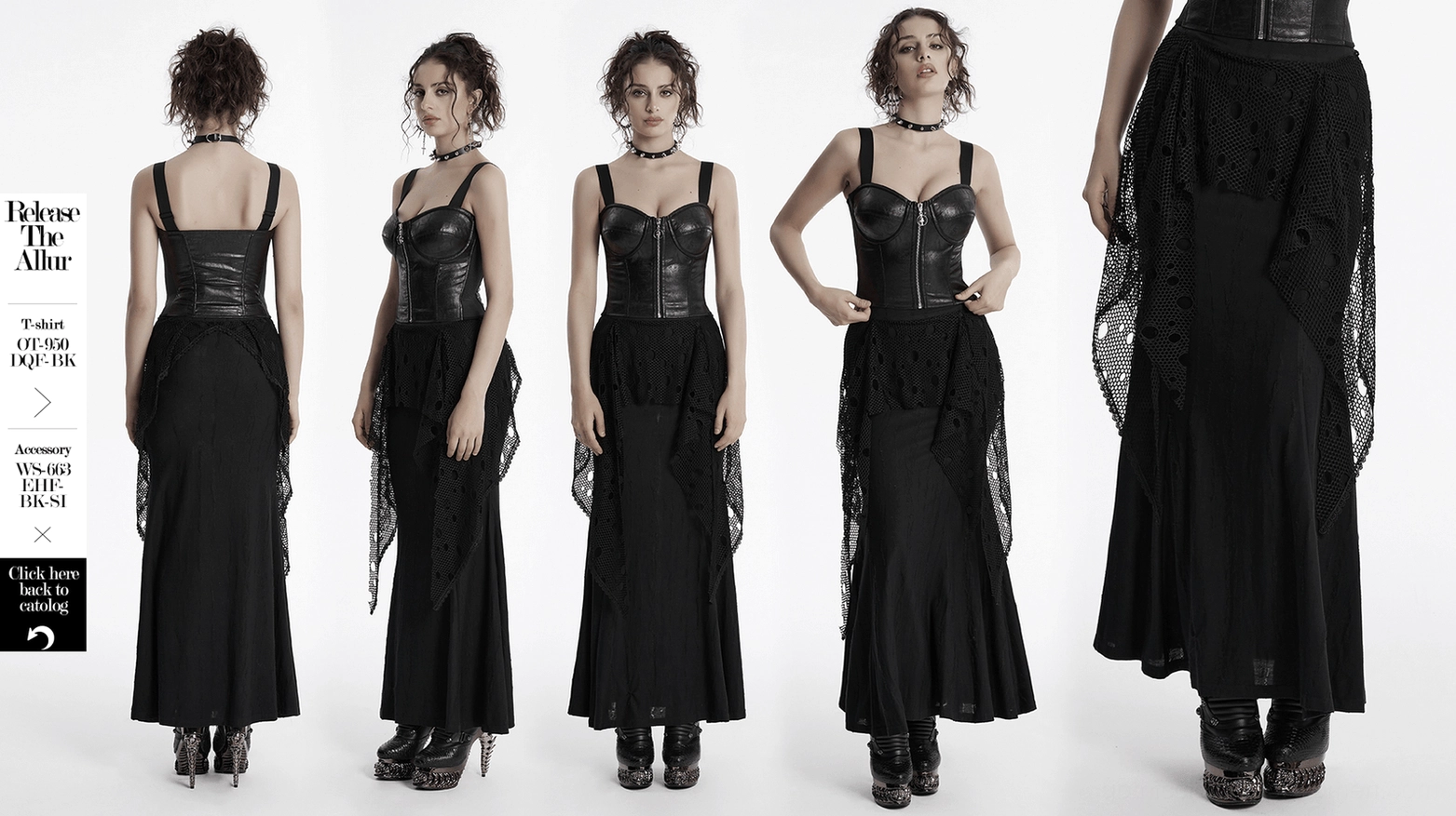 Front draping detail of black gothic maxi skirt showing perforated mesh overlay and fishtail hem design