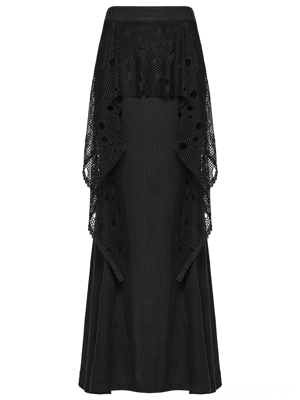 Front flat lay of black gothic mesh overlay maxi skirt with draped mesh detail and full length maxi cut