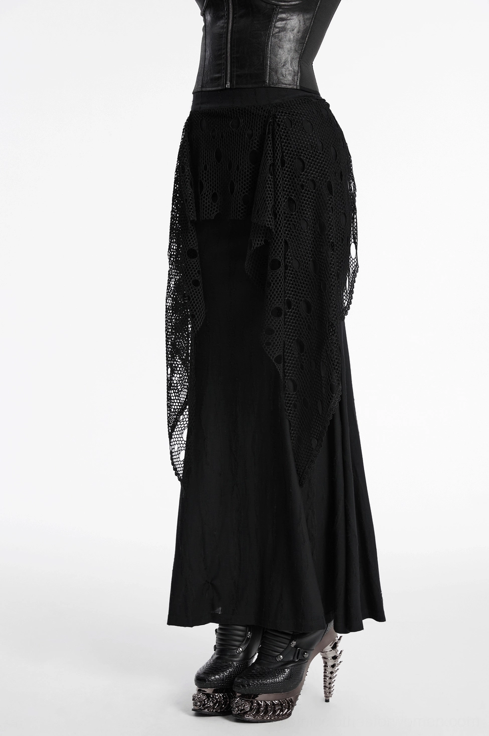 Full body styling shot of black gothic mesh fishtail maxi skirt with alternative fashion ensemble