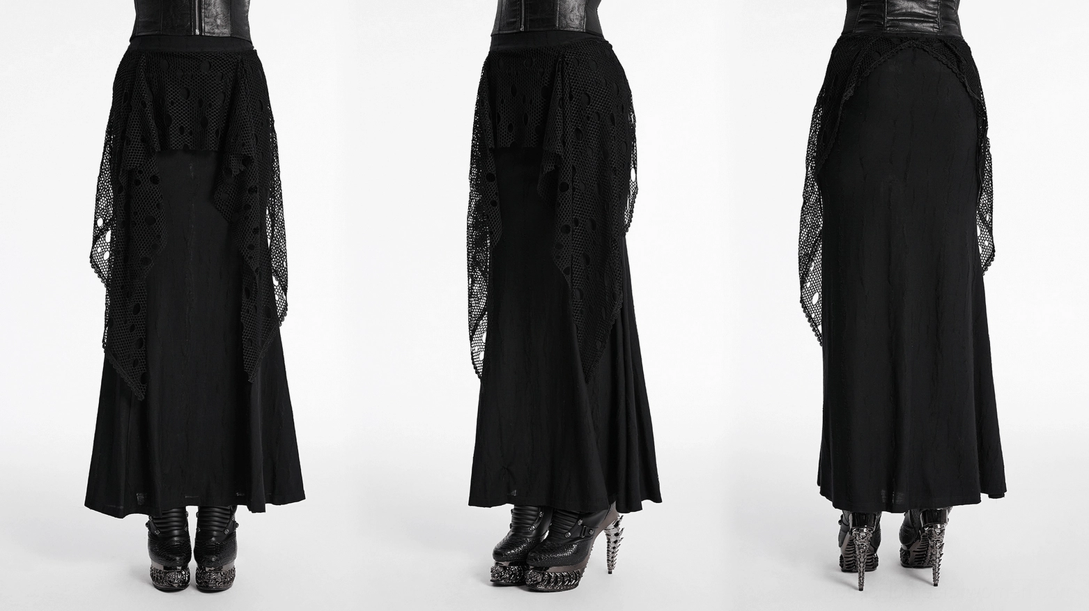 Model wearing black mesh fishtail gothic maxi skirt demonstrating movement and drape of draped mesh