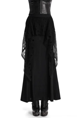 Black mesh fishtail gothic maxi skirt rear view with draped mesh overlay, shown on model with corset top and punk boots