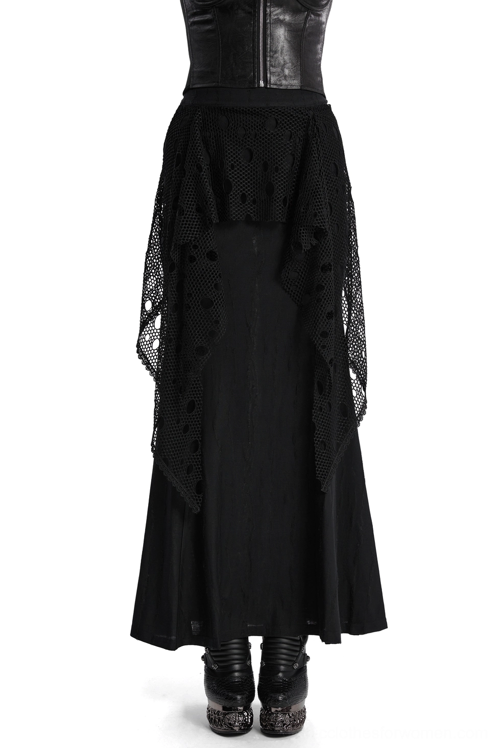 Black mesh fishtail gothic maxi skirt rear view with draped mesh overlay, shown on model with corset top and punk boots