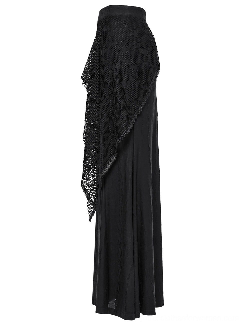 Side flat lay of black gothic maxi skirt showing hanging mesh side panel and solid skirt fabric construction