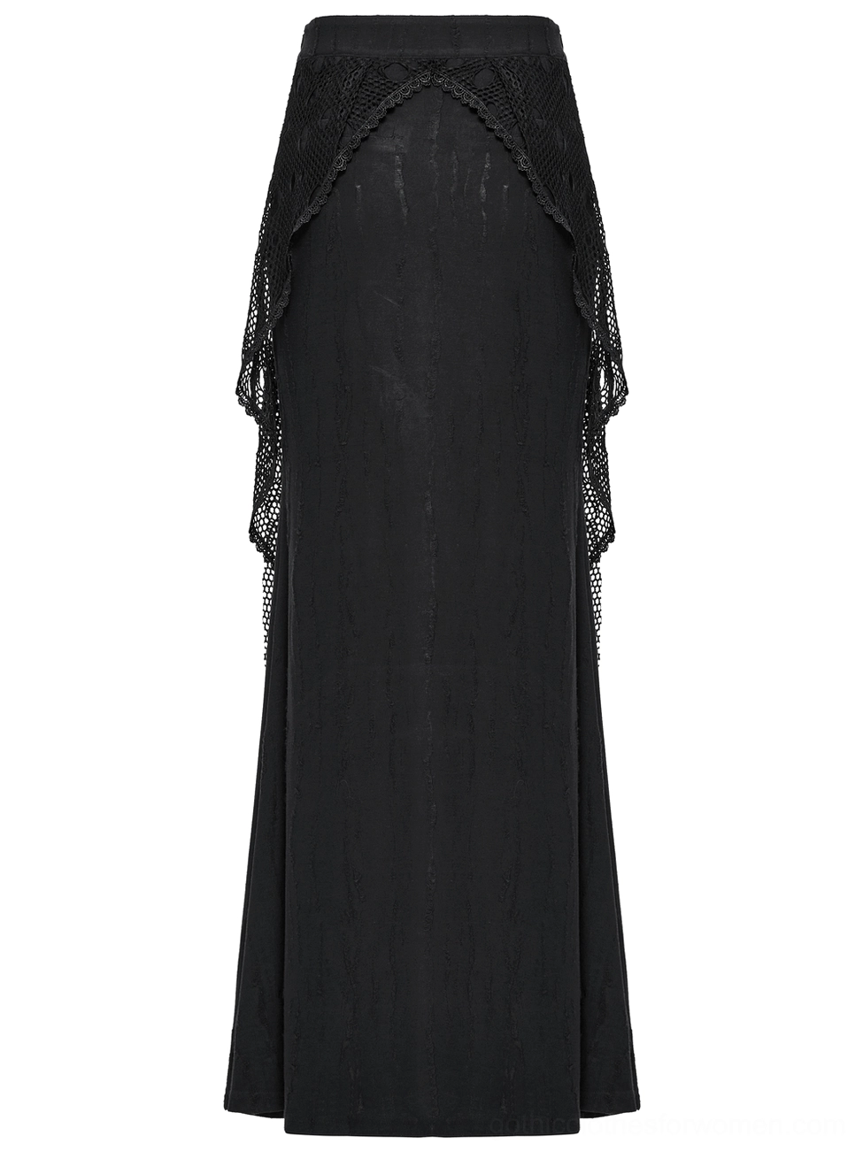 Side rear flat lay of black mesh gothic maxi skirt showing tapered hem and mesh overlay detail