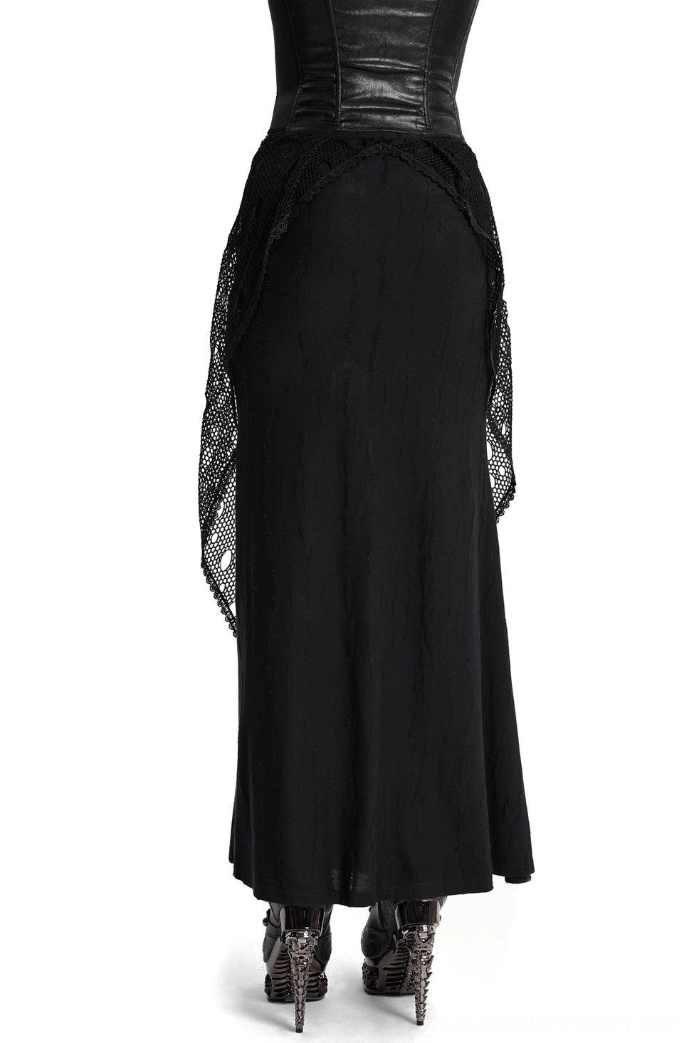 Side rear angle of black gothic maxi skirt with hanging mesh panel detail, styled with high heel boots
