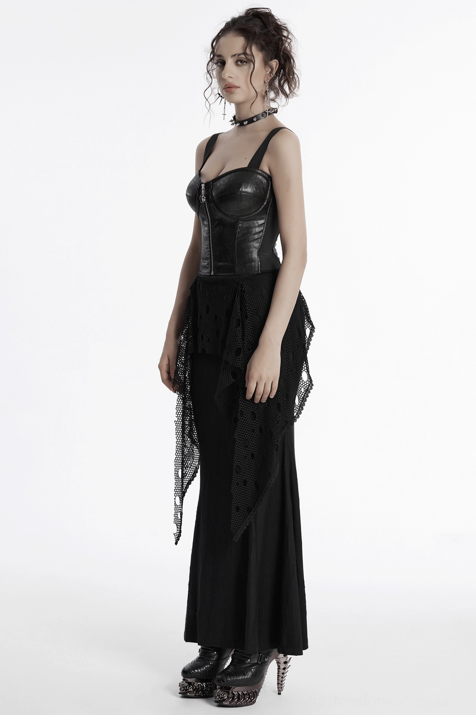 Alternative angle of black gothic maxi skirt mesh overlay and irregular splicing technique detail
