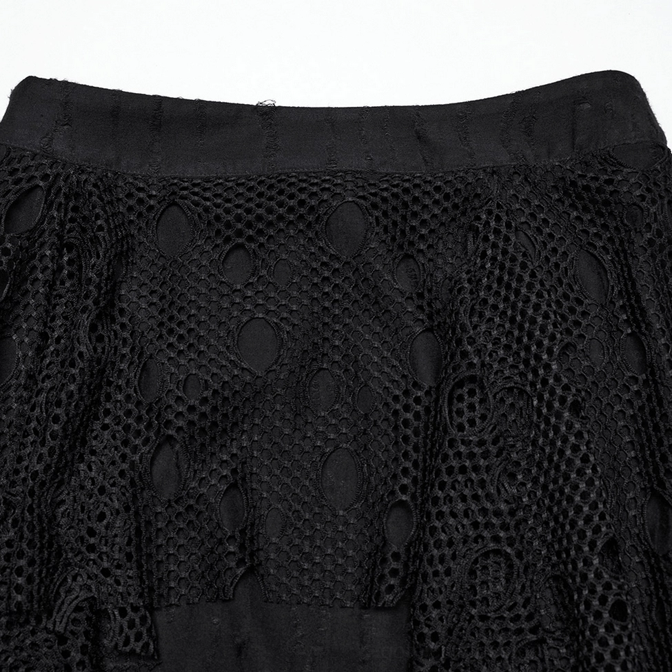 Close-up detail of black gothic maxi skirt waistband with attached perforated mesh overlay