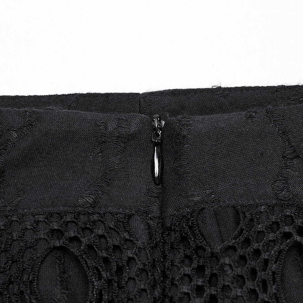 Close-up of invisible zipper closure and solid waist fabric on black gothic mesh maxi skirt