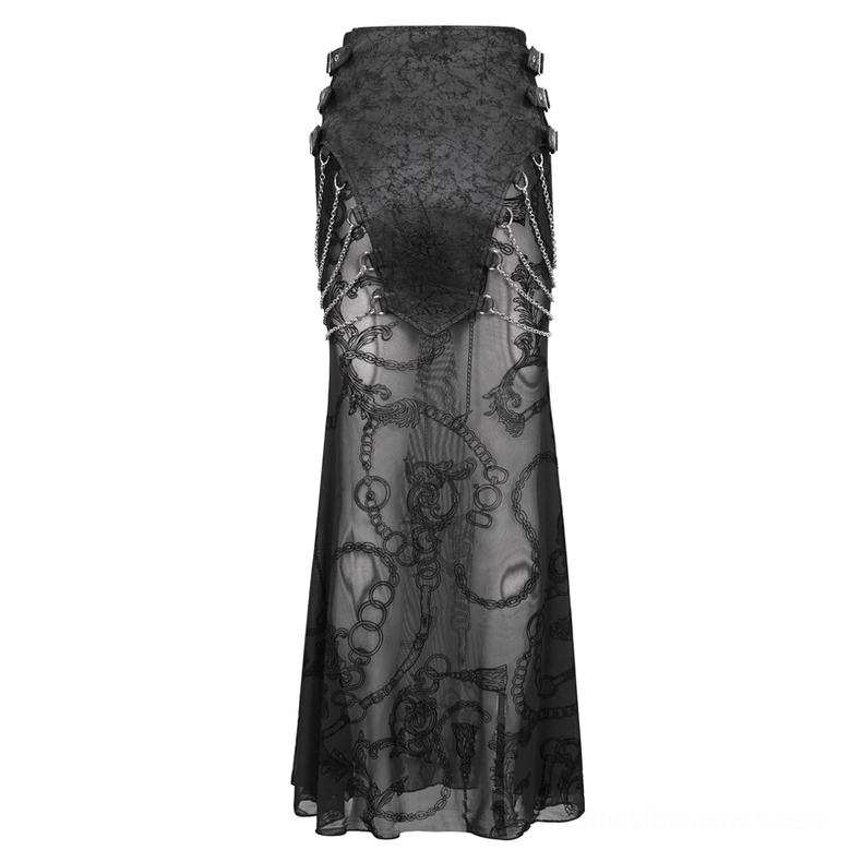 Sheer mesh gothic fishtail skirt flat lay side display on white studio background showing chain details and transparency