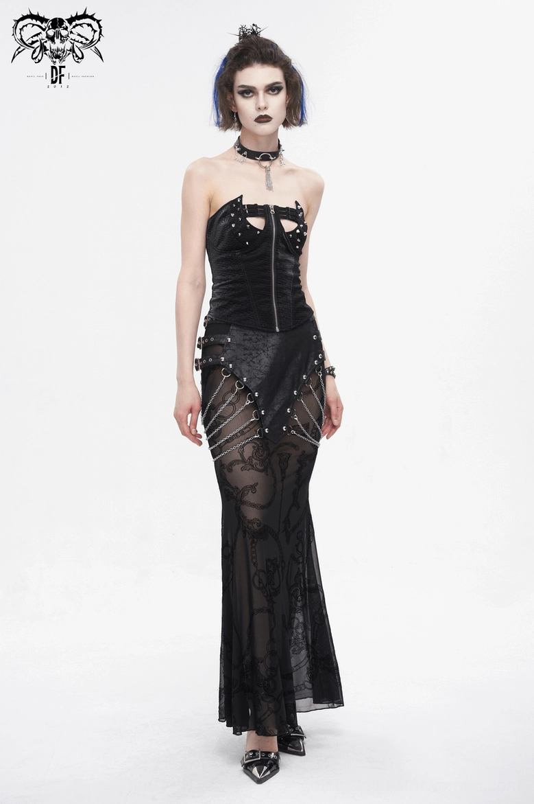 Black mesh fishtail skirt full-length view featuring chains, buckles, and dramatic gothic silhouette detail