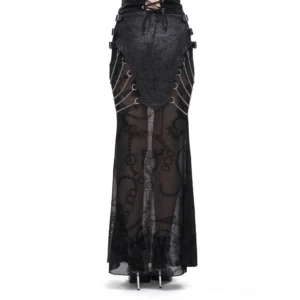Gothic fishtail mesh skirt back view showing lace-up design and metal chain decorations, full-length rear perspective