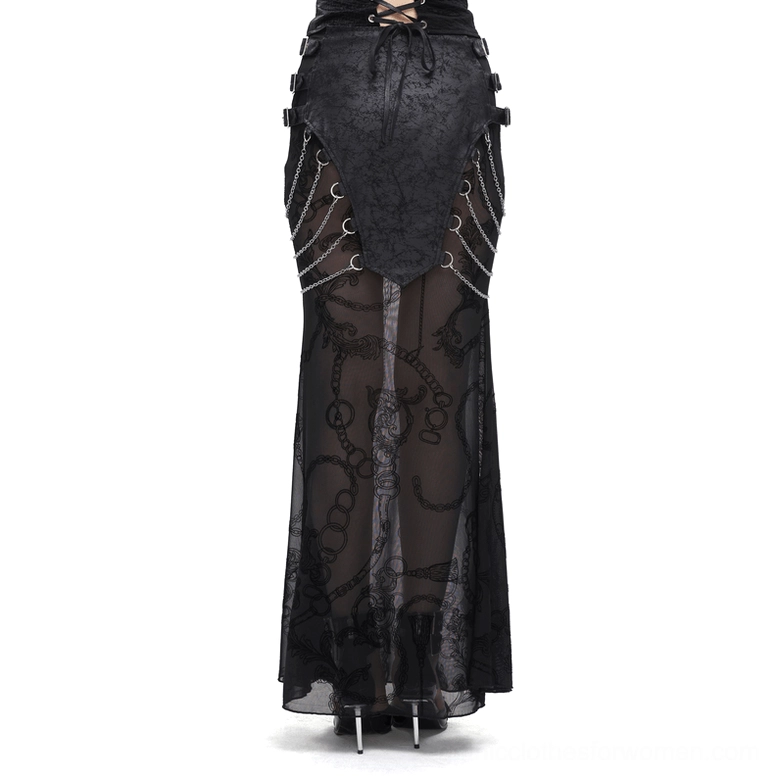 Gothic fishtail mesh skirt back view showing lace-up design and metal chain decorations, full-length rear perspective