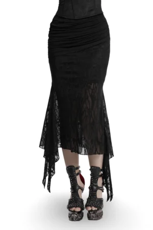Black mesh fishtail skirt with ruched hip detail front three-quarter view showing asymmetrical lace hem