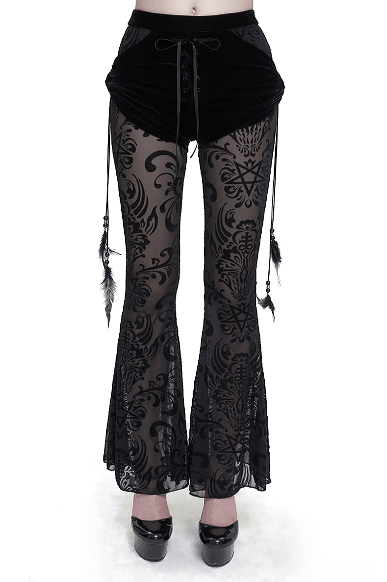 Front view of black mesh flare gothic pants with feather pendants, showing velvet waistband and semi-transparent pentagram mesh legs