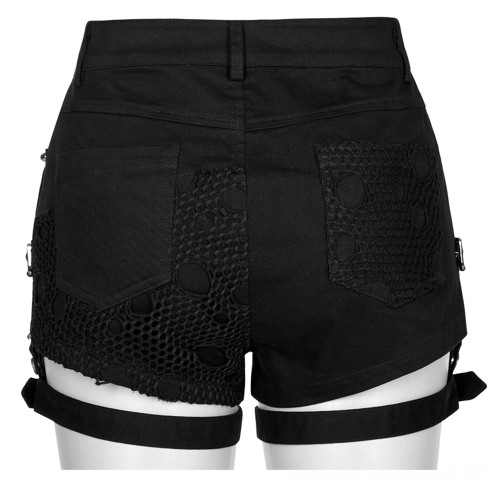 Black mesh garter shorts back view - flat lay detail showing back pockets and thigh buckle straps with fishnet