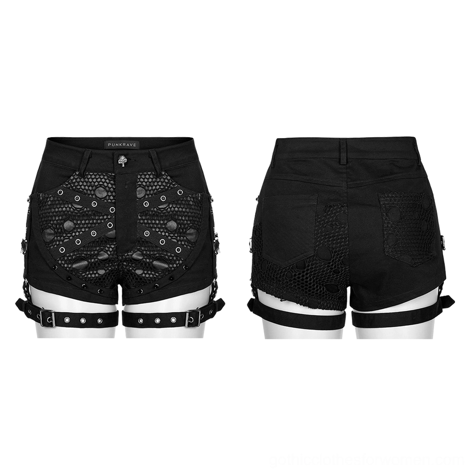 Black mesh garter shorts flat lay - front and back display showing fishnet panels and detachable thigh straps